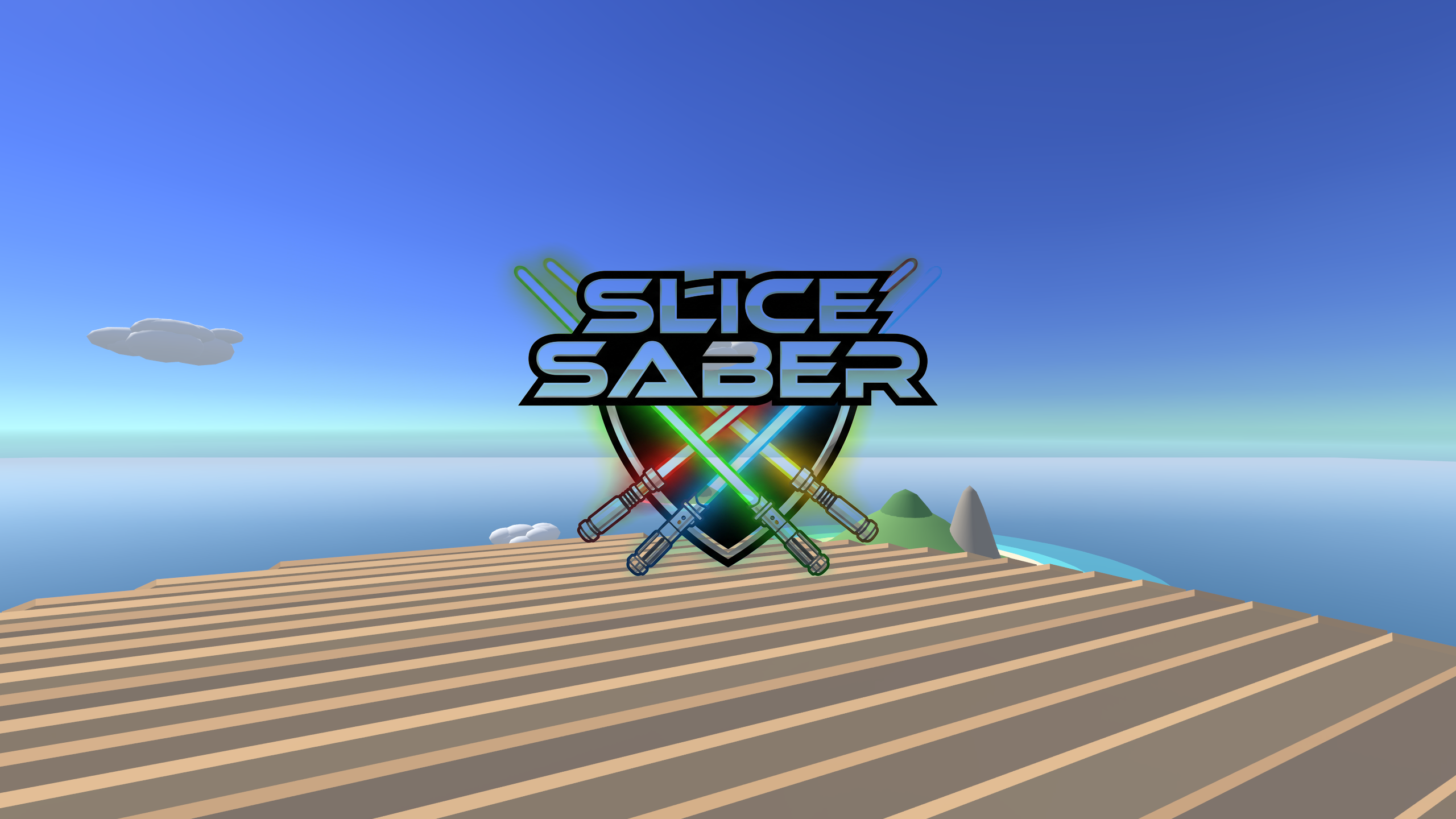 Slice Saber cover art - the Slice Saber logo over a bright sky above islands